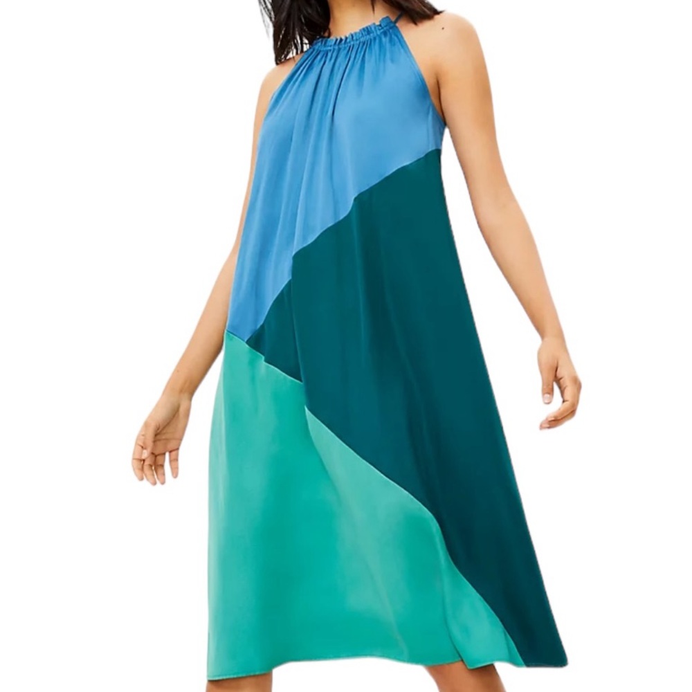 LOFT Blue/Green Colorblock Swing Halter Midi Dress M